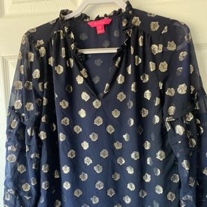 EUC Lilly Giana Silk Clip Dot True Navy Top -M